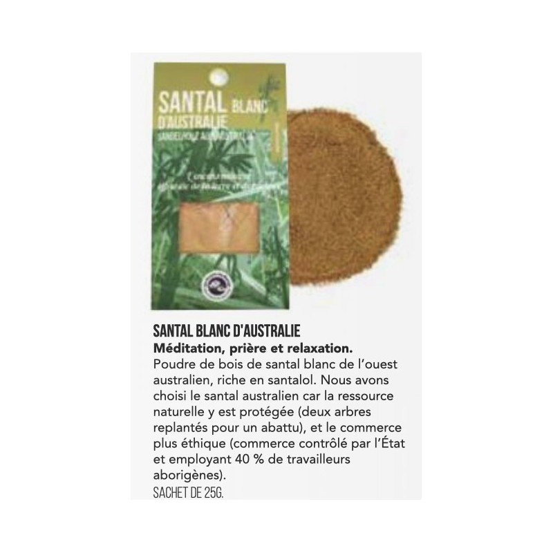 SANTAL BLANC D'AUTRALIE 25 G LES ENCENS DU MONDE SANTAL BLANC D'AUTRALIE 25 G LES ENCENS DU MONDE